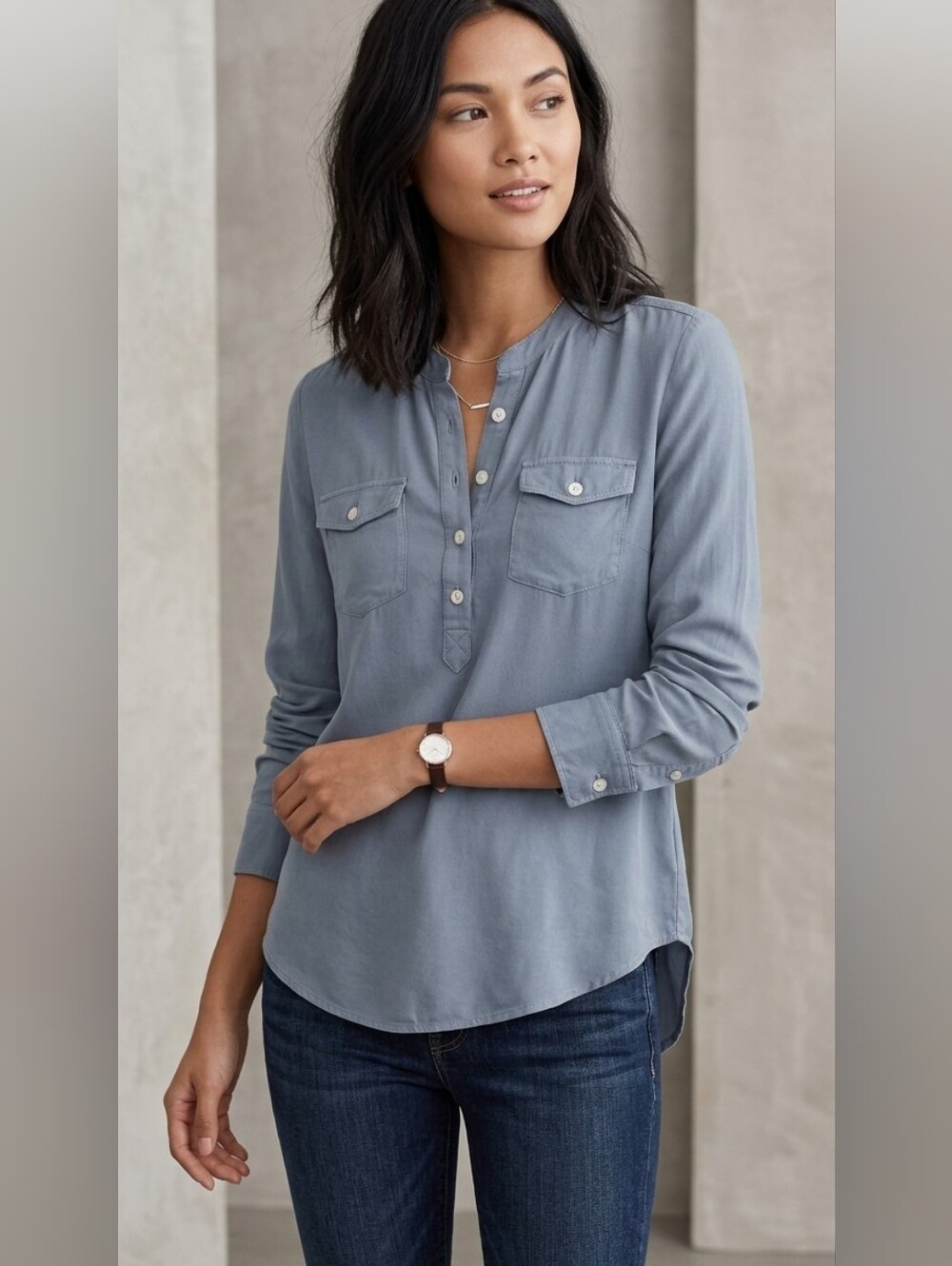Talula Slate Blue Henley Button-Front Shirt Rayon XXS ARITZIA